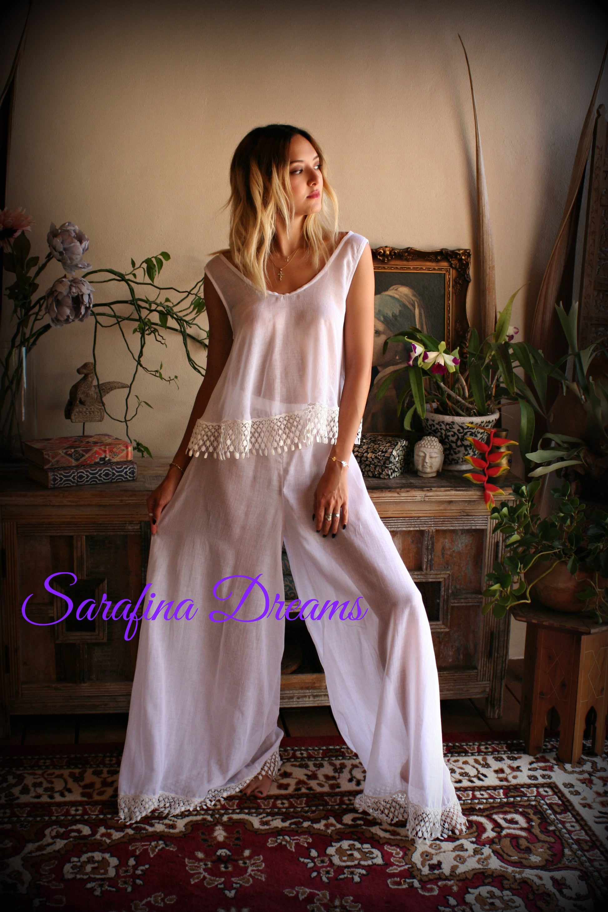 Cotton Pajama Palazzo Pant Venice Lace Swing Top Bridal Honeymoon Wedding Lingerie Bridal Lingerie Cotton Lingerie White Cotton