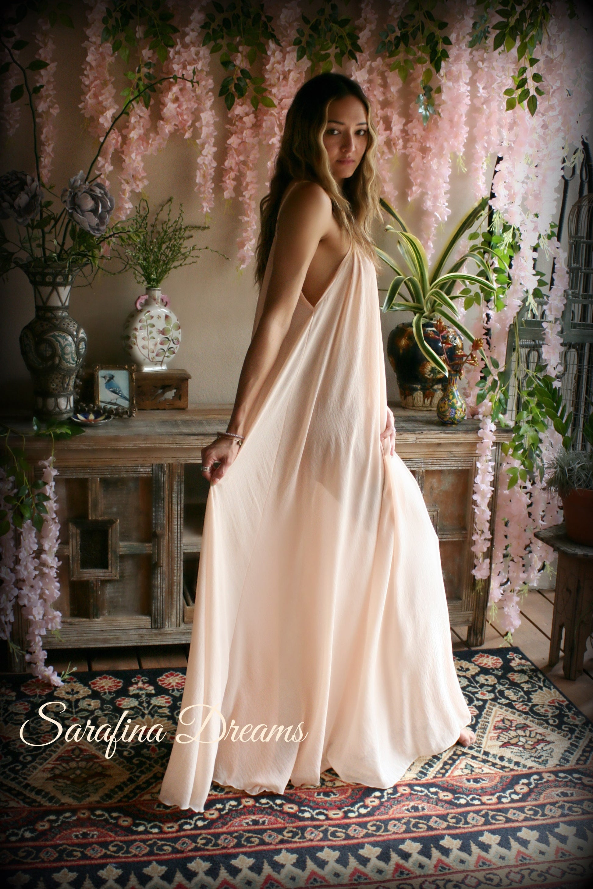 Blush Chiffon Bridal Nightgown Wedding Lingerie Chiffon Sleepwear Full Sweep Nightgown Honeymoon Trousseau Sleepwear wedding Sleepwear