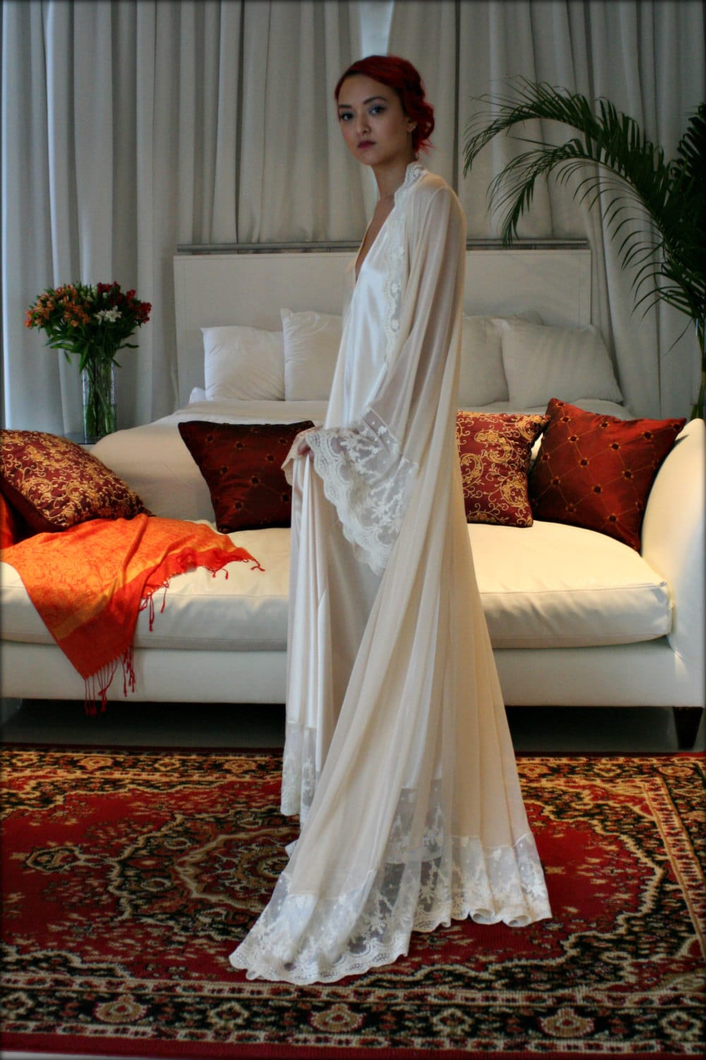 Bridal Silk Robe Champagne Chiffon Bridal Lingerie Wedding Robe Bridal Robe French Versailles Lace Bridal Sleepwear Wedding Sleepwear