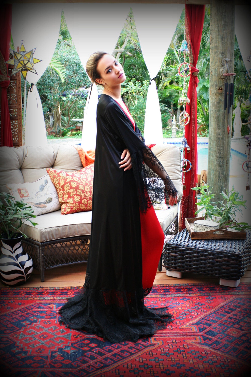Black Satin Robe Wide Lace Trim Valentines Day Lingerie Black Sleepwear Red Lingerie