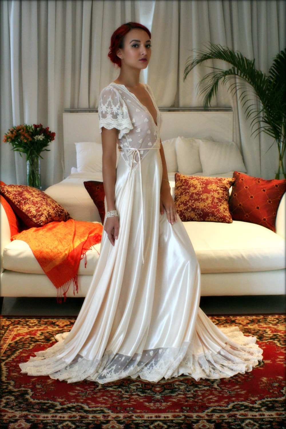 Bridal Nightgown Amelia Satin Embroidered Lace Wedding Lingerie Bridal Sleepwear Champagne Satin Bridal Gown Trousseau Sleepwear Honeymoon