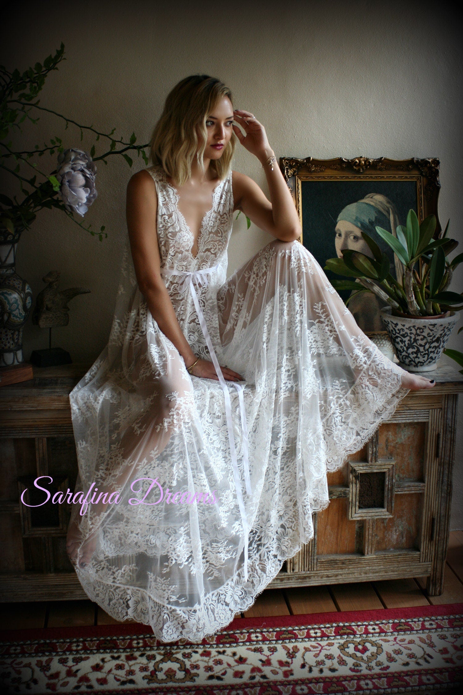 Bridal Lace Backless Nightgown Wedding Sleepwear Bridal Lingerie  Off White Lace Lingerie Lace Sleepwear Honeymoon Lingerie