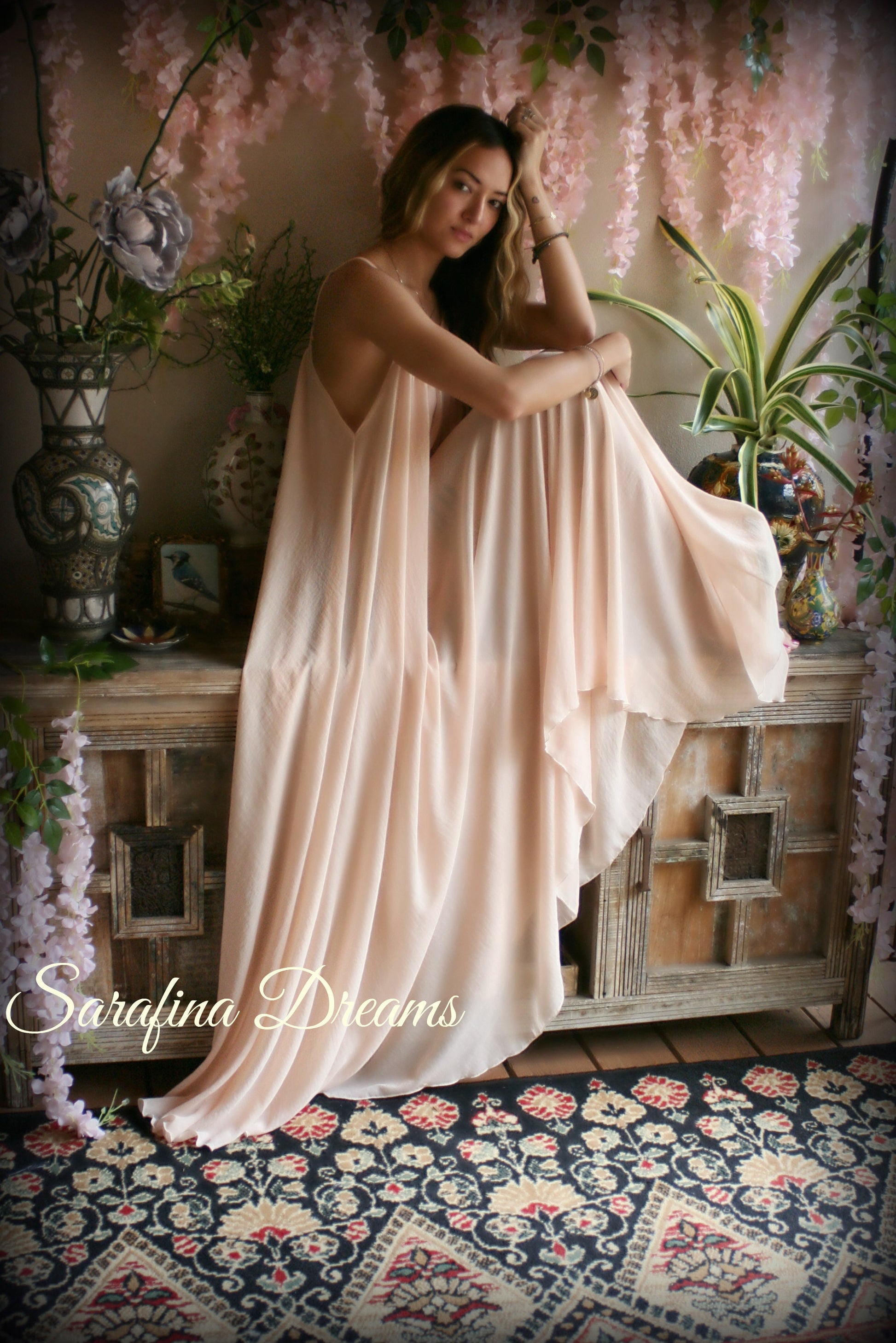 Blush Chiffon Bridal Nightgown Wedding Lingerie Chiffon Sleepwear Full Sweep Nightgown Honeymoon Trousseau Sleepwear wedding Sleepwear