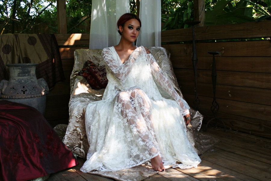 Bridal Robe Wedding Lingerie White Lace Robe Bridal Sleepwear Angel Sleeve Boudoir Trousseau Sarafina Dreams Bridal