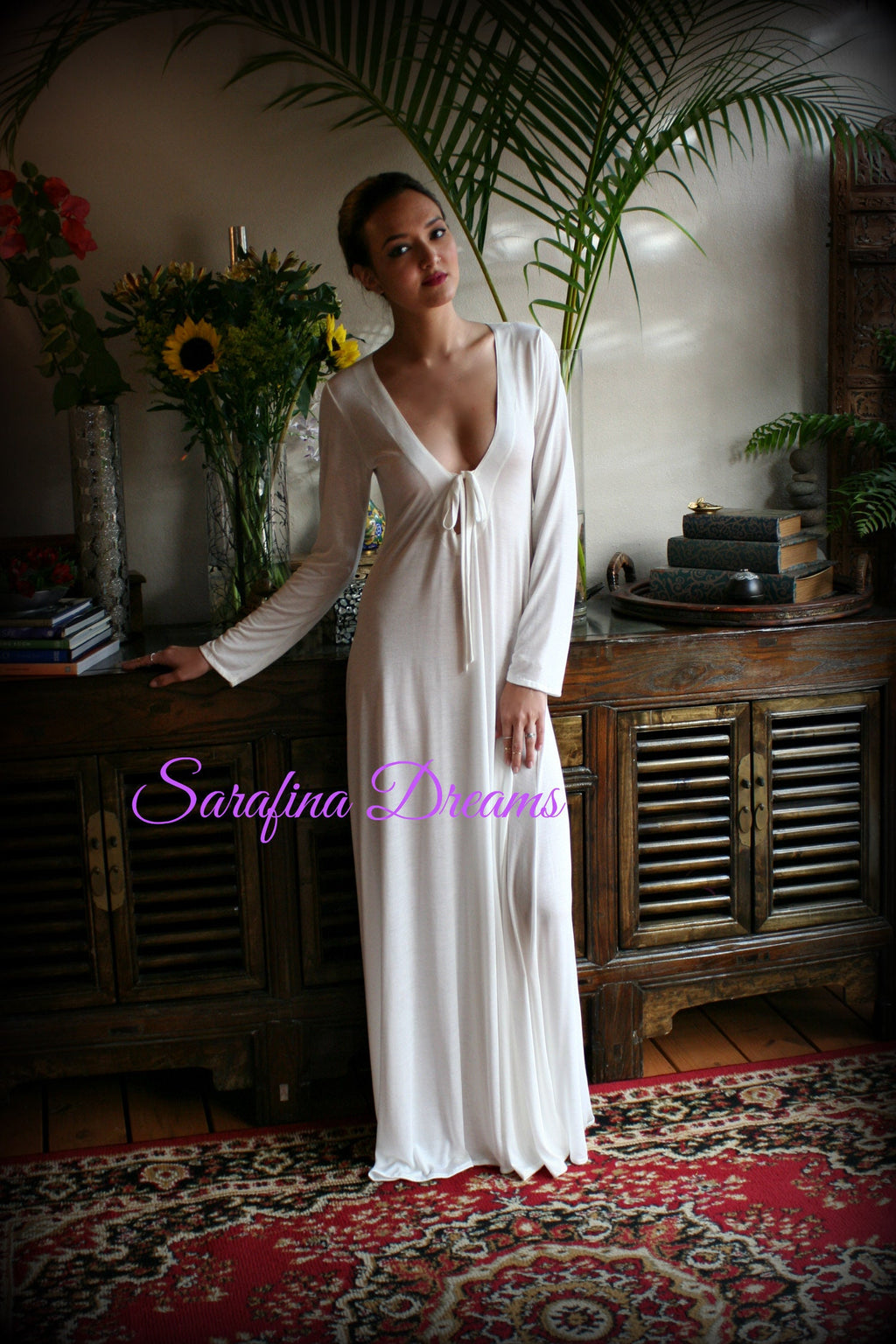 Ivory Silk Knit T Shirt Nightgown Silk Sleep Shirt Lingerie  Sleepwear Bridal Lingerie Wedding Nightgown Long Sleeve Nightgown