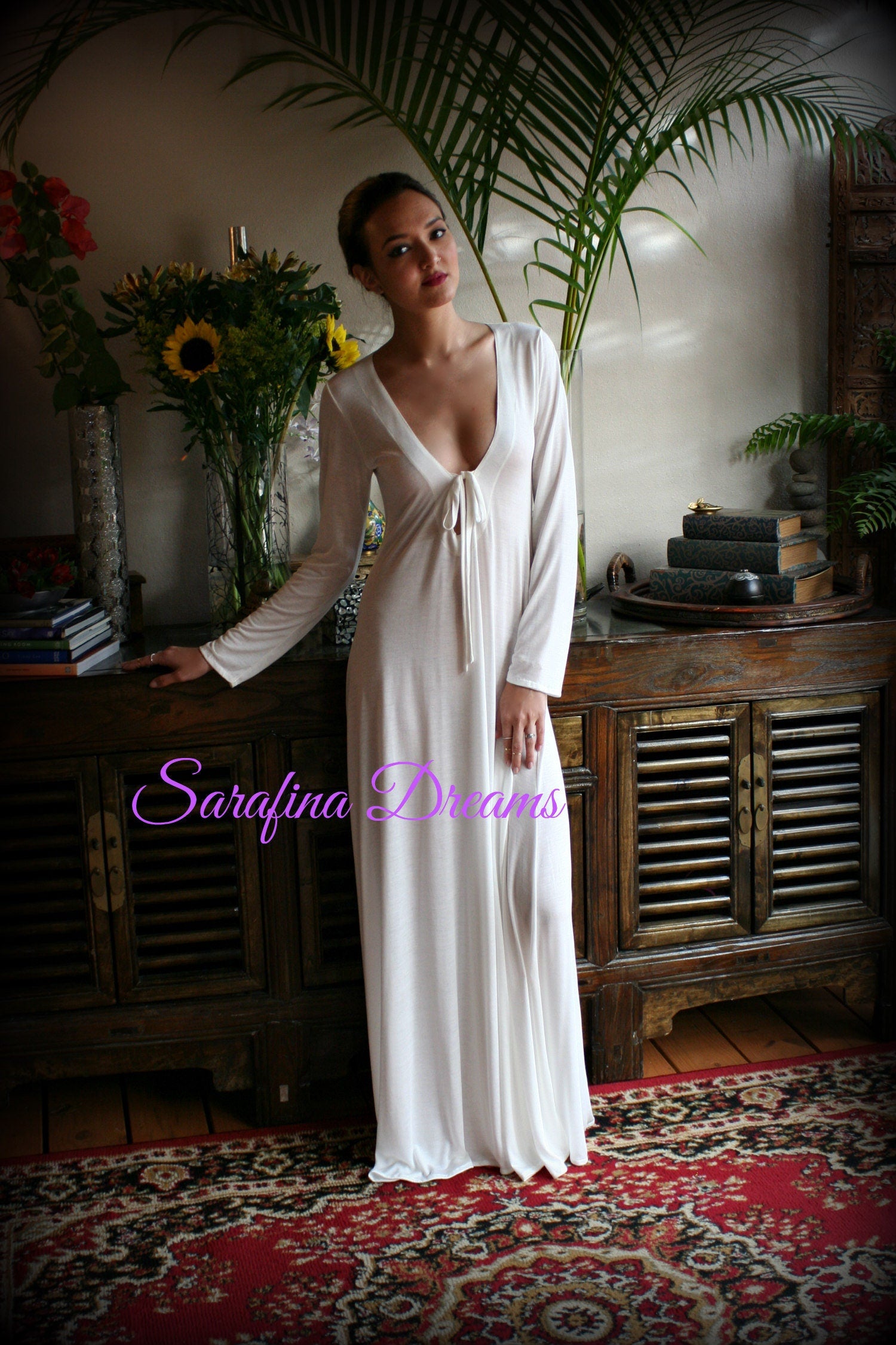Ivory Silk Knit T Shirt Nightgown Silk Sleep Shirt Lingerie  Sleepwear Bridal Lingerie Wedding Nightgown Long Sleeve Nightgown