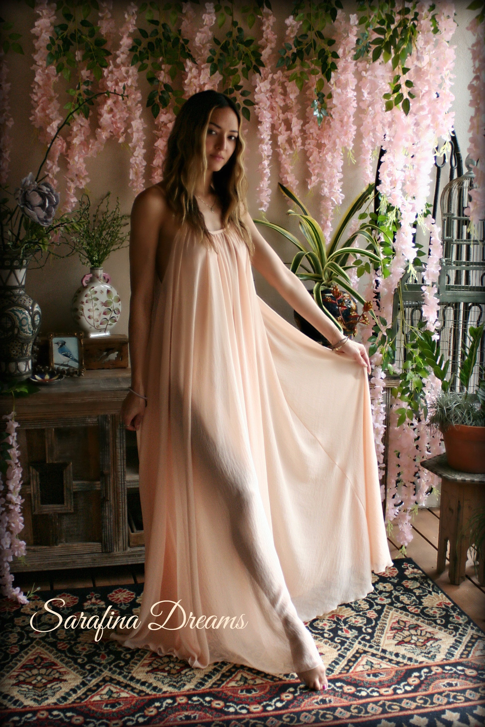 Blush Chiffon Bridal Nightgown Wedding Lingerie Chiffon Sleepwear Full Sweep Nightgown Honeymoon Trousseau Sleepwear wedding Sleepwear