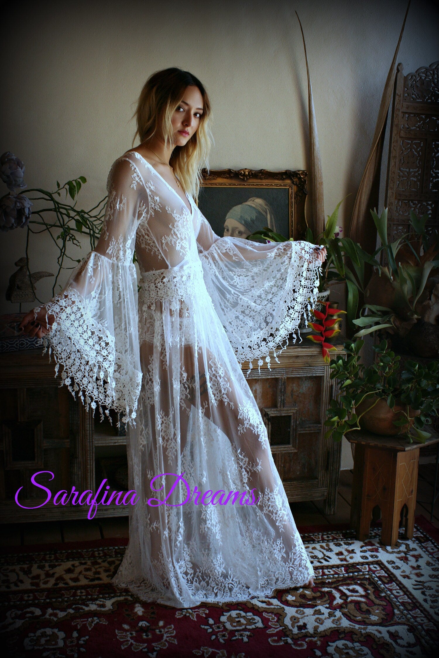 Bridal Lace Backless Robe With Panties Wedding Sleepwear Bridal Lingerie  Off White Lace Lingerie Lace Lingerie Honeymoon Lingerie