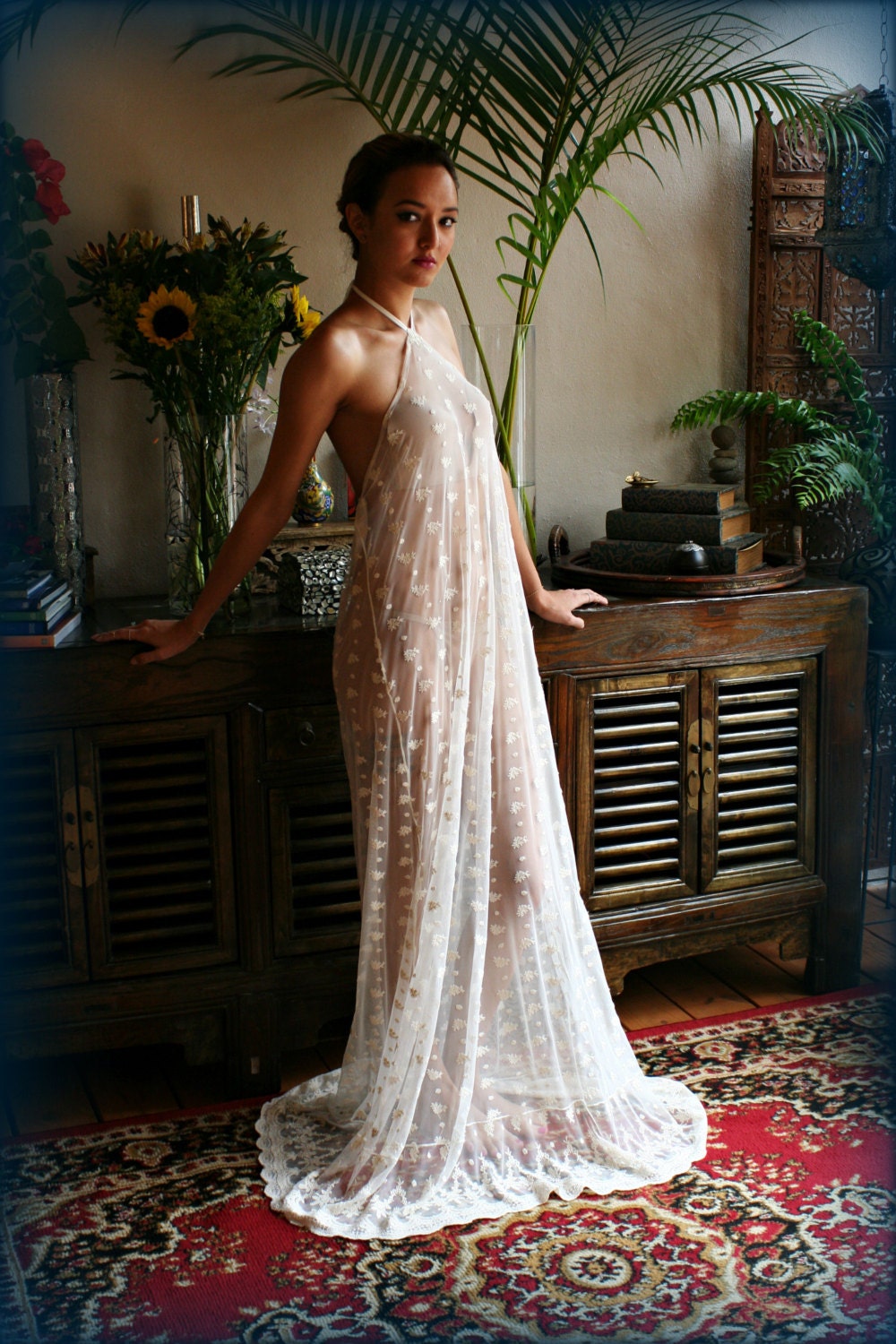 Bridal Nightgown Embroidered Lace Halter Backless Gown Wedding Sleepwear Lingerie Bridal Lingerie Honeymoon French Lace Ivory Lace