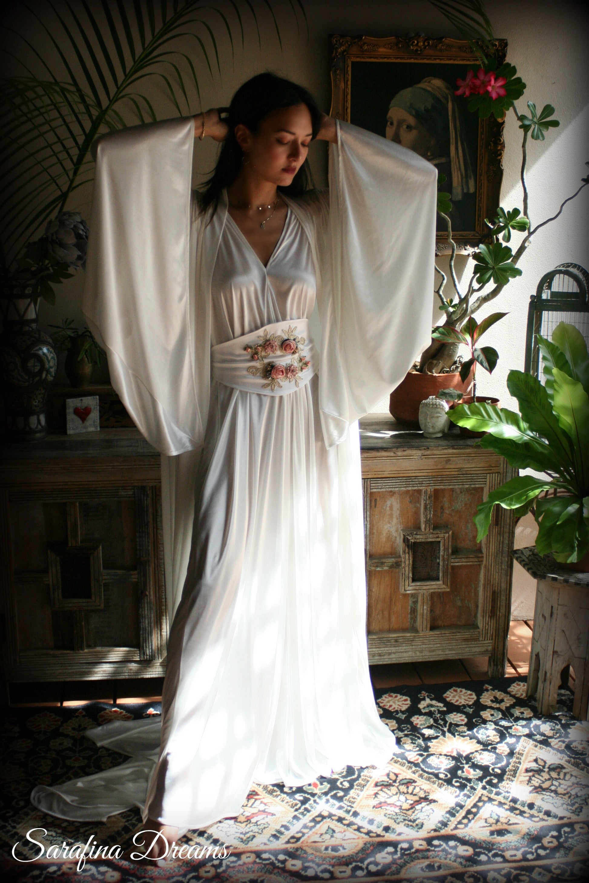 Satin Bridal Robe Angel Wing Sleeve Bridal Lingerie Wedding Sleepwear Bridal Satin Kimono Robe Wedding Apparel Bridal Kimono