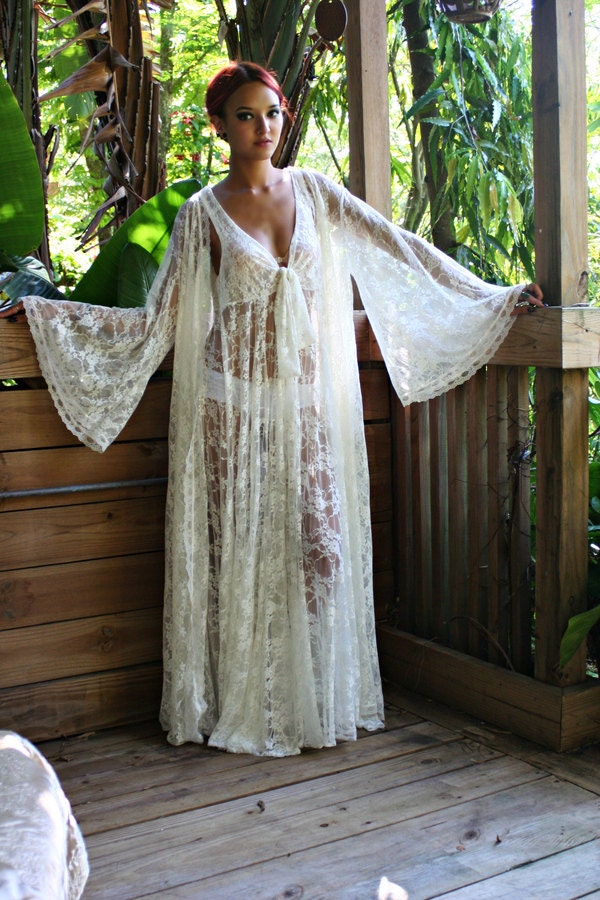 Bridal Robe Wedding Lingerie White Lace Robe Bridal Sleepwear Angel Sleeve Boudoir Trousseau Sarafina Dreams Bridal