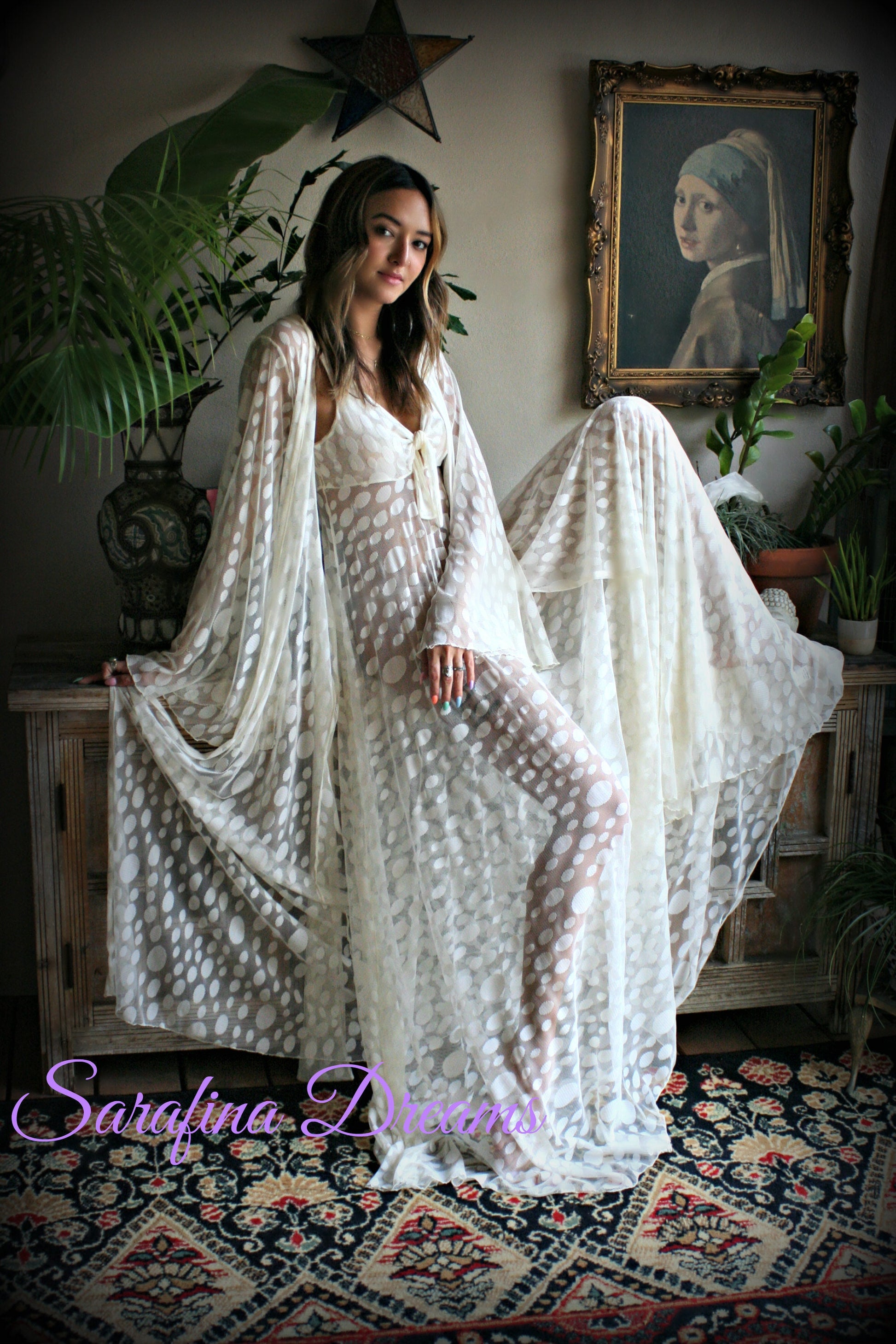 Ivory Lace Bridal Robe Wedding Lingerie Mesh Lace Bridal Lingerie Bridal Sleepwear Dotted Ivory Lace Wrap Robe Wedding Sleepwear