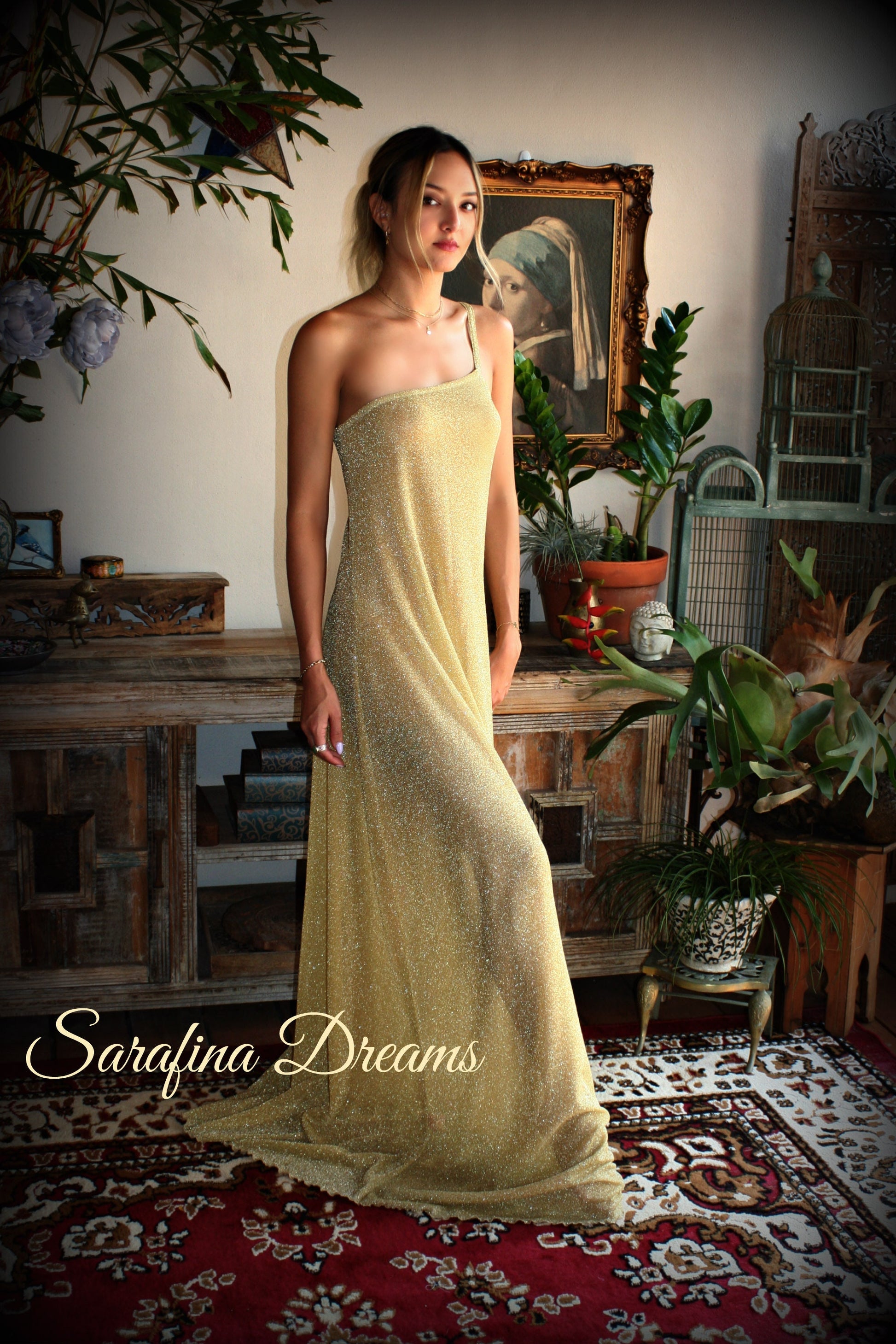 Gold Lame' One Shoulder Nightgown Gold Knit Sleepwear Off Shoulder Lingerie Bridal Sleepwear Bridal Lingerie