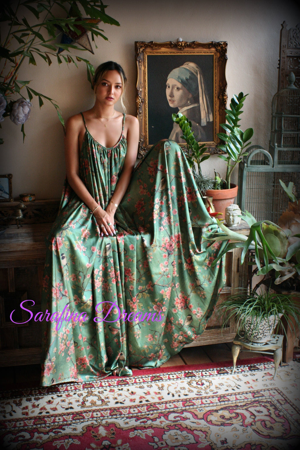 Satin Bridal Nightgown Bird Print Bohemian Chic Satin Lingerie Satin Bridal Honeymoon Sleepwear Green Satin Nightgown Bridal Lingerie