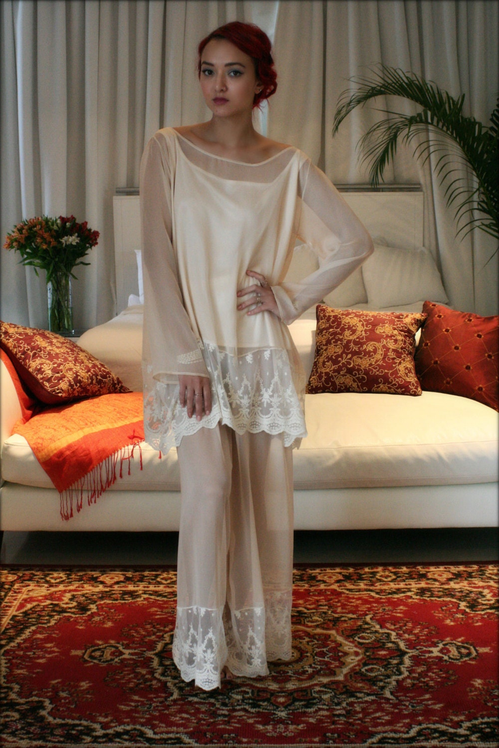Silk Pajamas Champagne Chiffon Ella 3 Pc Set Bridal Lingerie Wedding Pajamas Wedding Sleepwear Versailles French Lace Lingerie Satin Cami