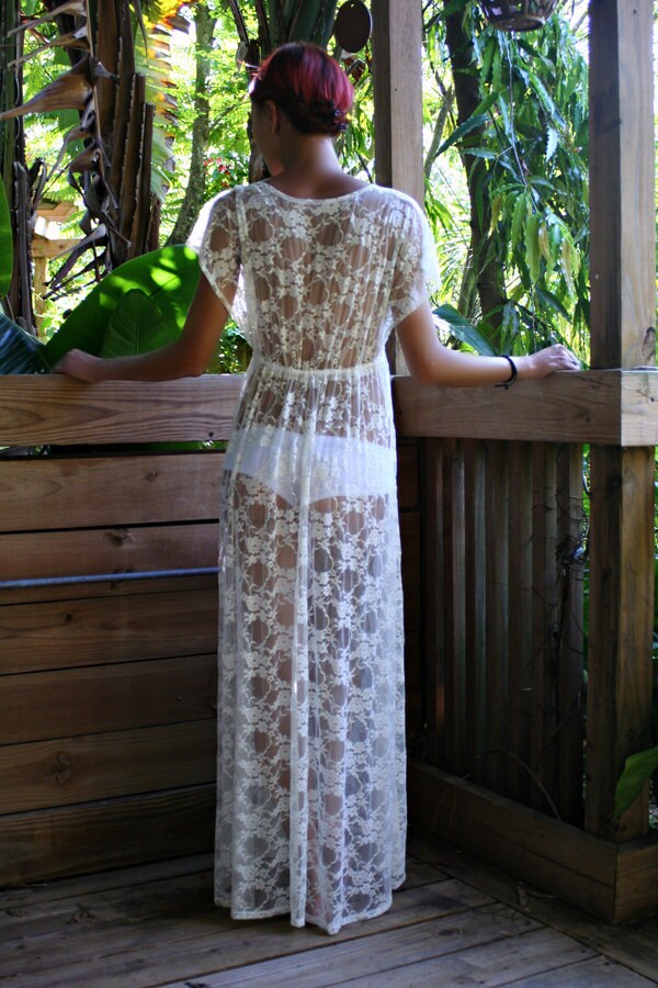 Sheer Lace Bridal Nightgown Lingerie Wedding Trousseau Ivory Lace White Lace Empire Bodice Honeymoon Sleepwear