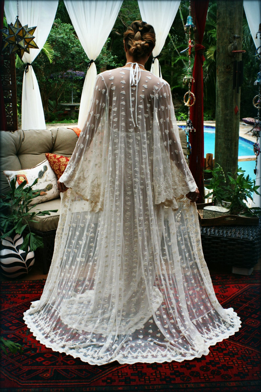 Bridal Robe Embroidered French Lace Wrap Robe Angel Sleeve Wedding Lingerie Bridal Sleepwear Ivory Lace Dressing Gown
