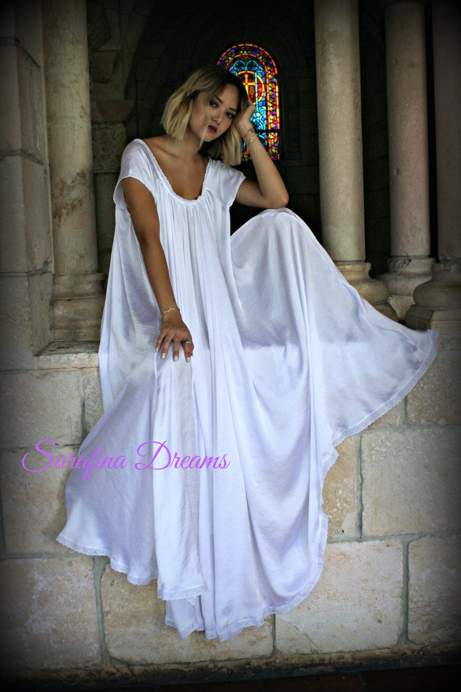 White Satin Jane Austen Cap Sleeve Full Swing Nightgown Bridal Sleepwear Wedding Lingerie Bridal Nightgown Liquid Satin
