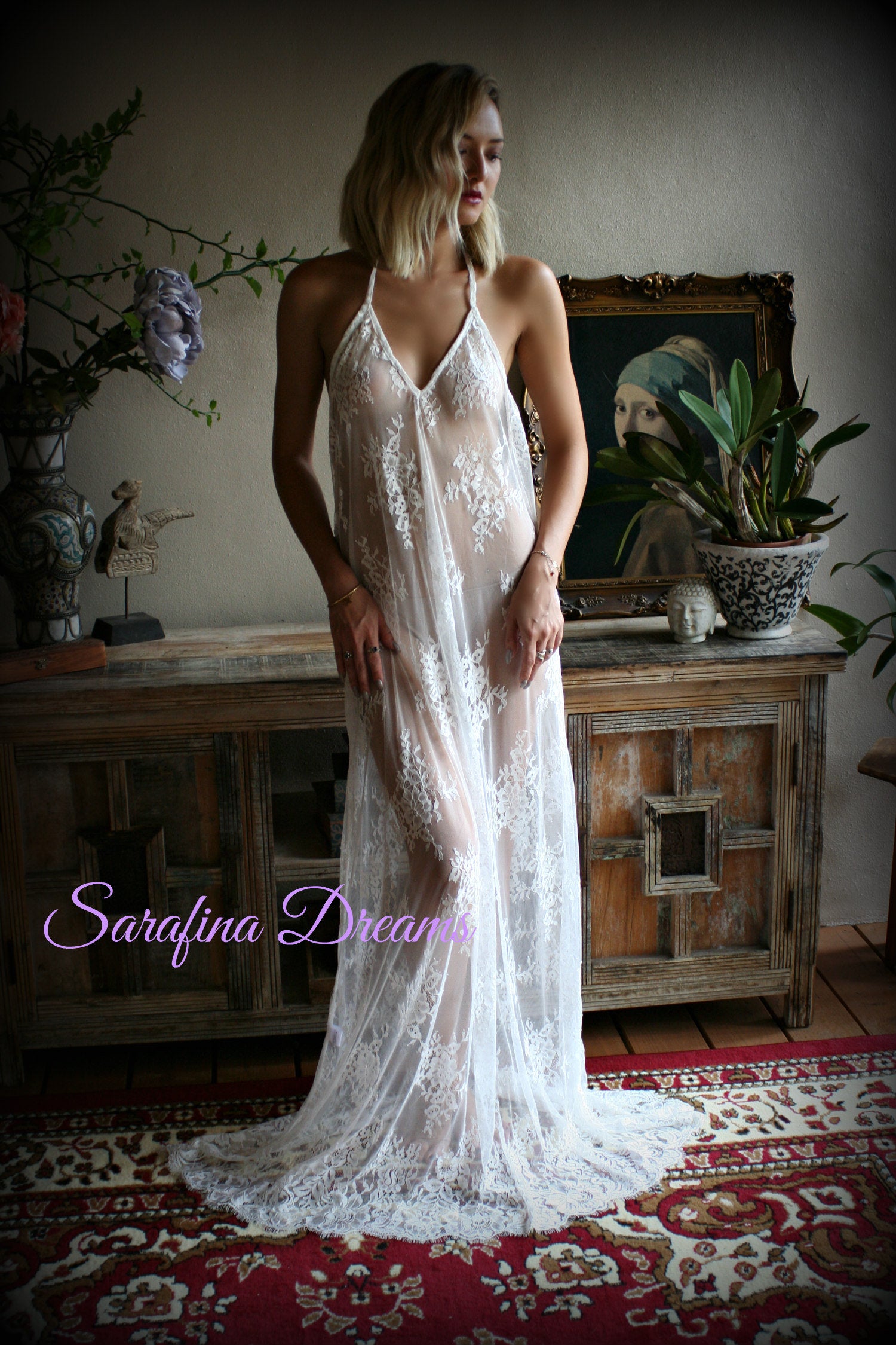 Bridal Lace Backless Nightgown Wedding Lingerie Bridal Lingerie Wedding Nightgown Honeymoon Sleepwear Lace Lingerie Halter nightgown