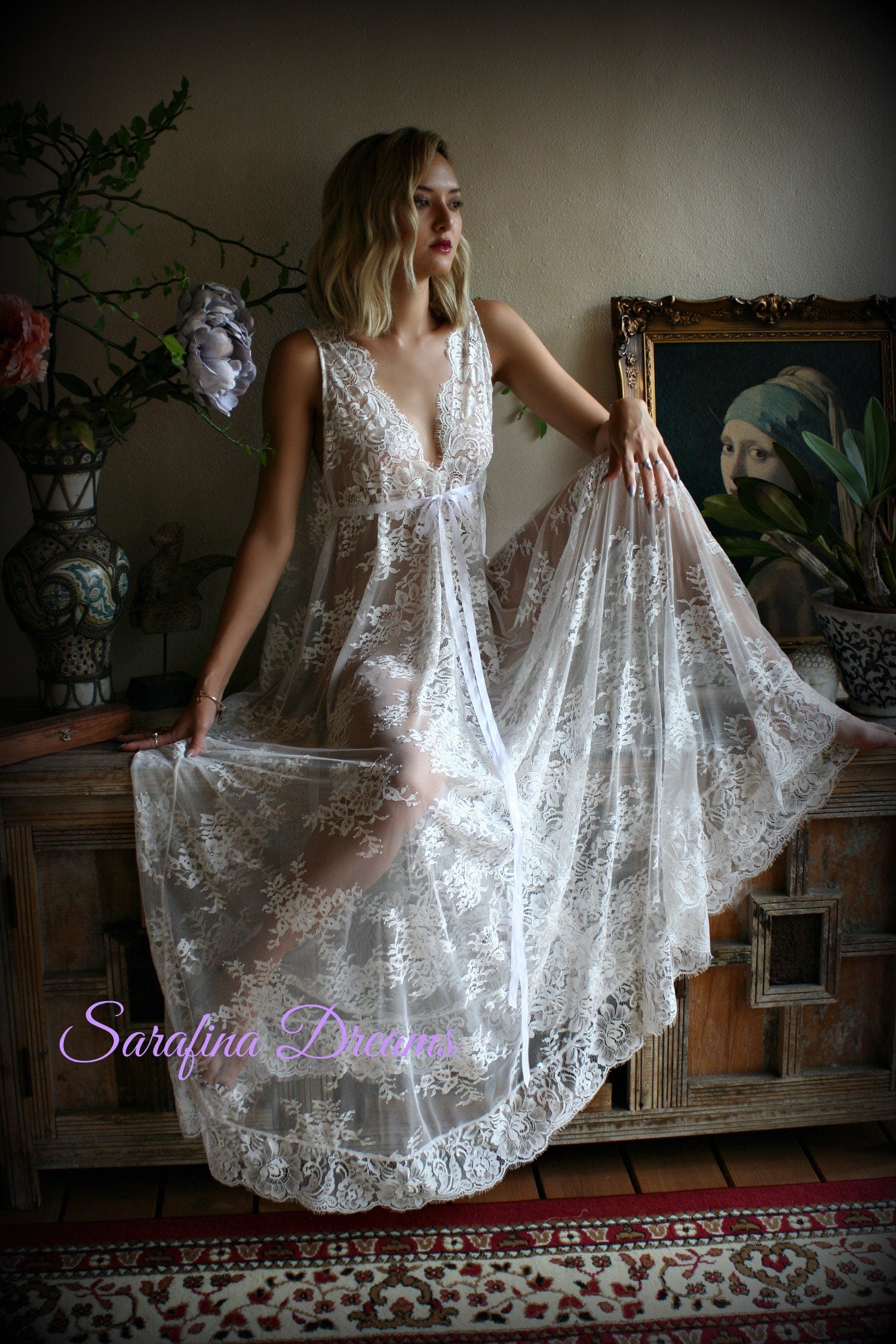 Bridal Lace Backless Nightgown Wedding Sleepwear Bridal Lingerie  Off White Lace Lingerie Lace Sleepwear Honeymoon Lingerie