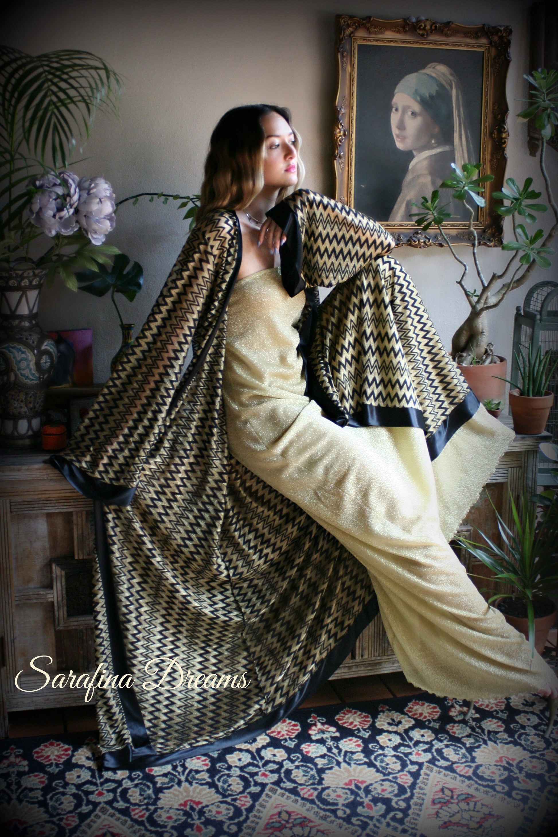 Black Gold Metallic Kimono Robe Black Satin Banded Missoni Style Knit Wrap Lingerie Robe Sleepwear