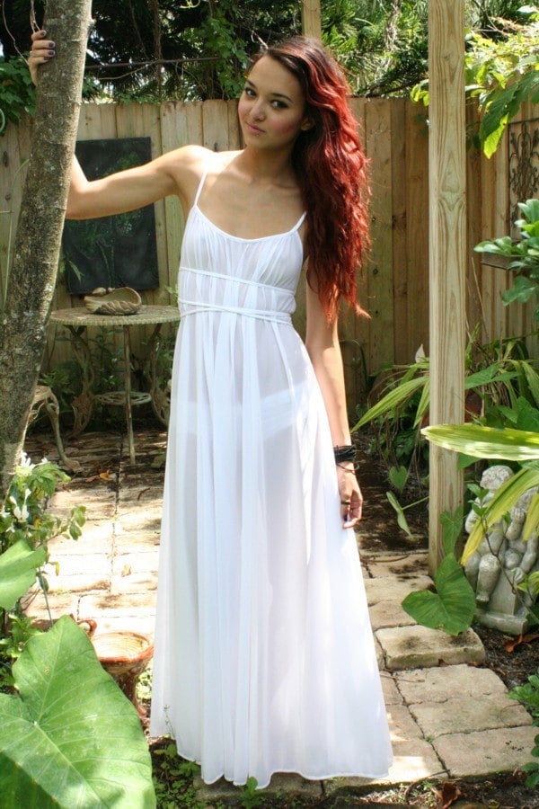 Grecian Goddess Bridal Nightgown Wedding Lingerie White Nylon Angelic Honeymoon Gown Romantic Sleepwear