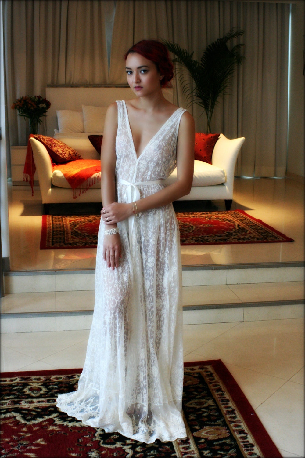 Lace Bridal Nightgown French Lace Wedding Lingerie Bridal Sleepwear Backless Wedding Sleepwear Bridal Lingerie Ivory Lace Nightgown