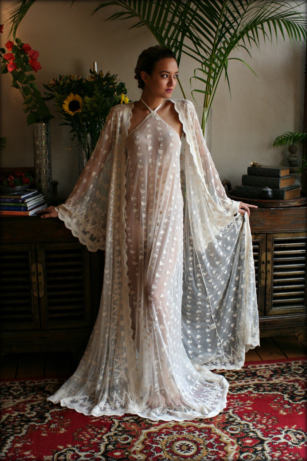 Bridal Robe Embroidered French Lace Wrap Robe Angel Sleeve Wedding Lingerie Bridal Sleepwear Ivory Lace Dressing Gown