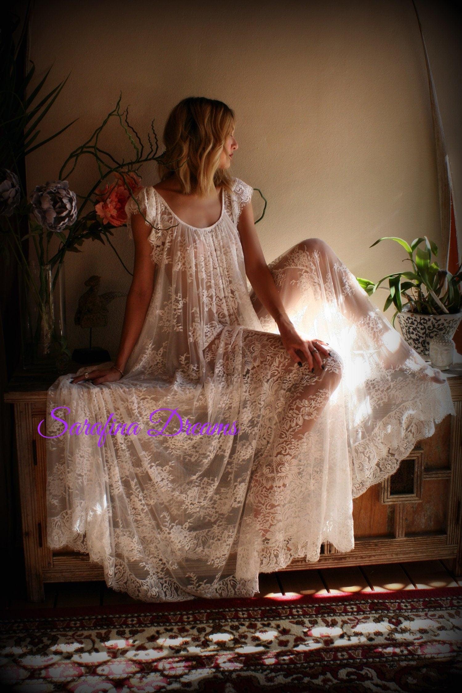 Bridal Lace Nightgown Wedding Sleepwear Full Sweep Bridal Lingerie  Off White Lace Lingerie Lace Lingerie Honeymoon Lingerie