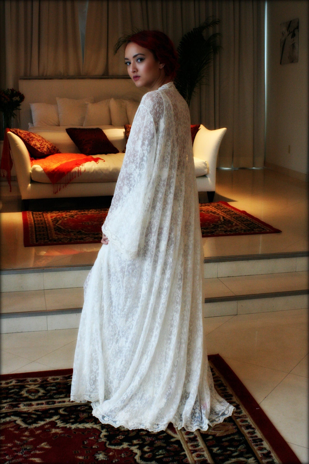 Embroidered French Lace Bridal Robe Wedding Lingerie Bridal Sleepwear Ivory Lace Robe Bridal Lingerie Angel Sleeve Wrap Robe