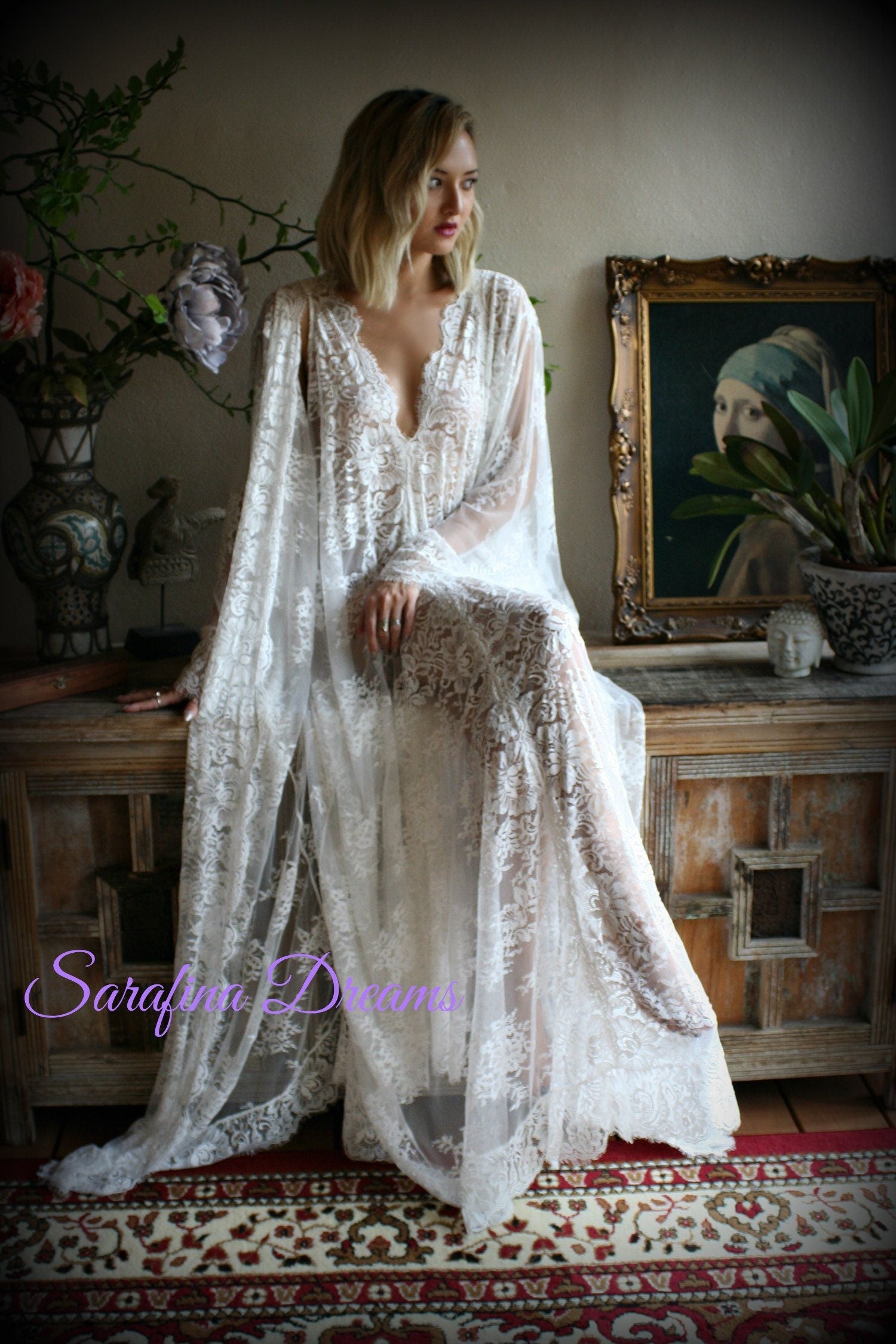 Bridal Lace Wedding Robe Bridal Lingerie Wedding Sleepwear Off White Lace Lingerie Bridal Robe Honeymoon Lingerie Lace Robe Kimono