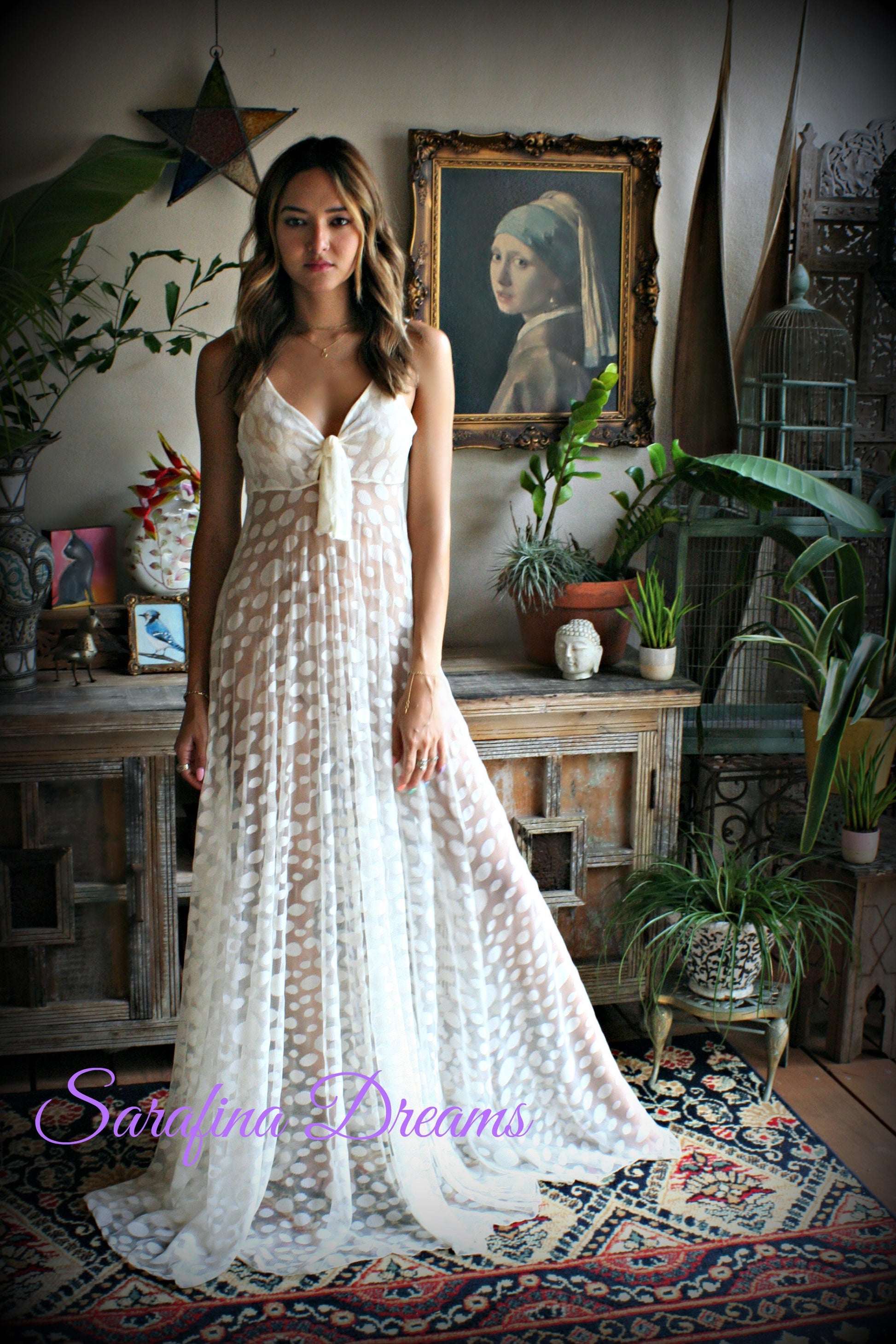 Bridal Lingerie  Ivory Lace Nightgown Tie Front Waterfall Gown Wedding Sleepwear Honeymoon  Ivory Lace  Wedding Lingerie