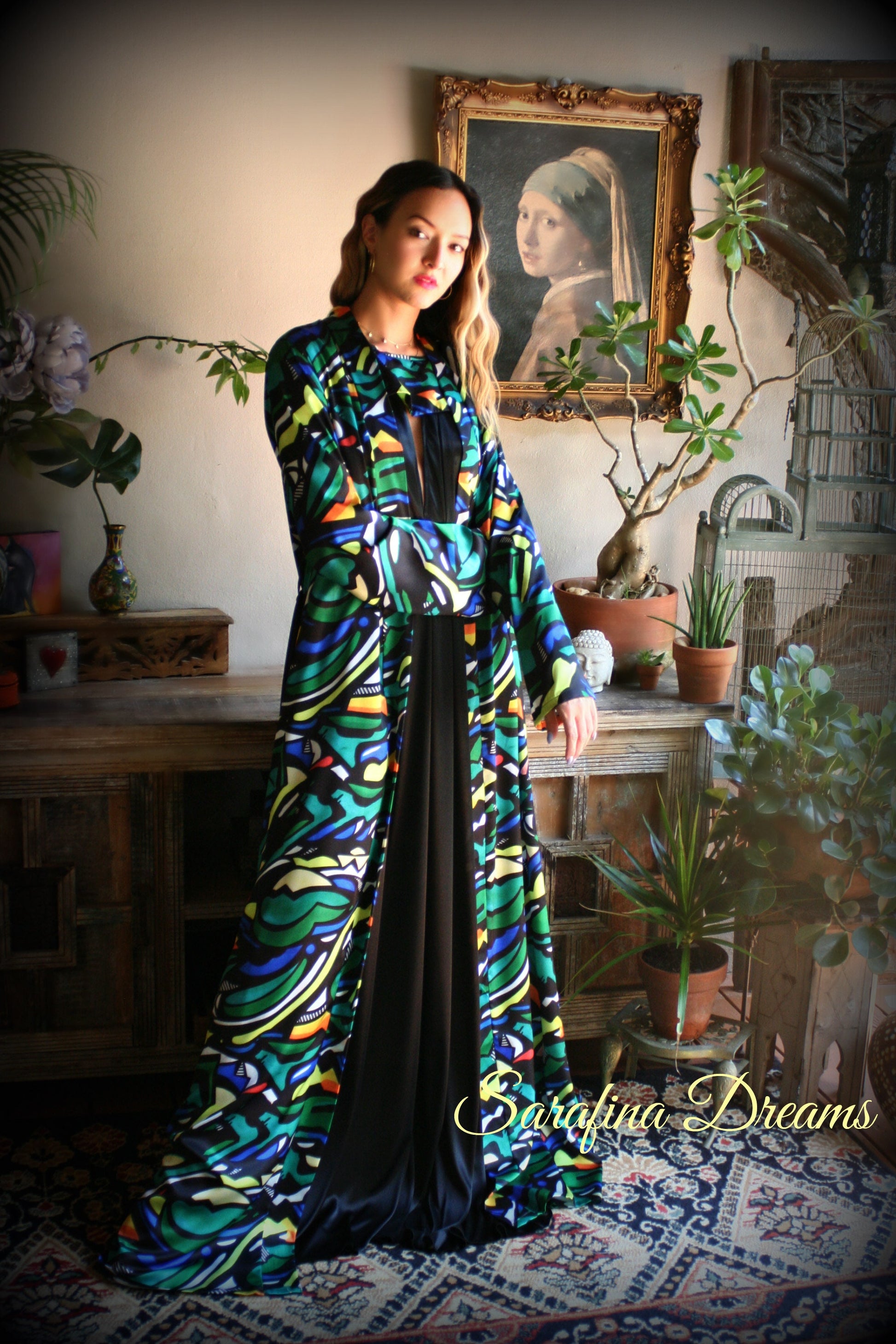 Limited Edition Sha Savage Art Abstract Print Satin Kimono Robe Satin Lingerie Satin Robe abstract Art Sleepwear