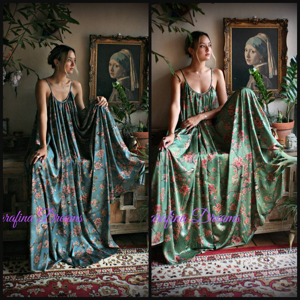 Satin Wrap Robe and Nightgown Set Bird Print Kimono Satin Lingerie Bridal Honeymoon Robe Green Blue Satin Robe Satin Bridal Lingerie SET