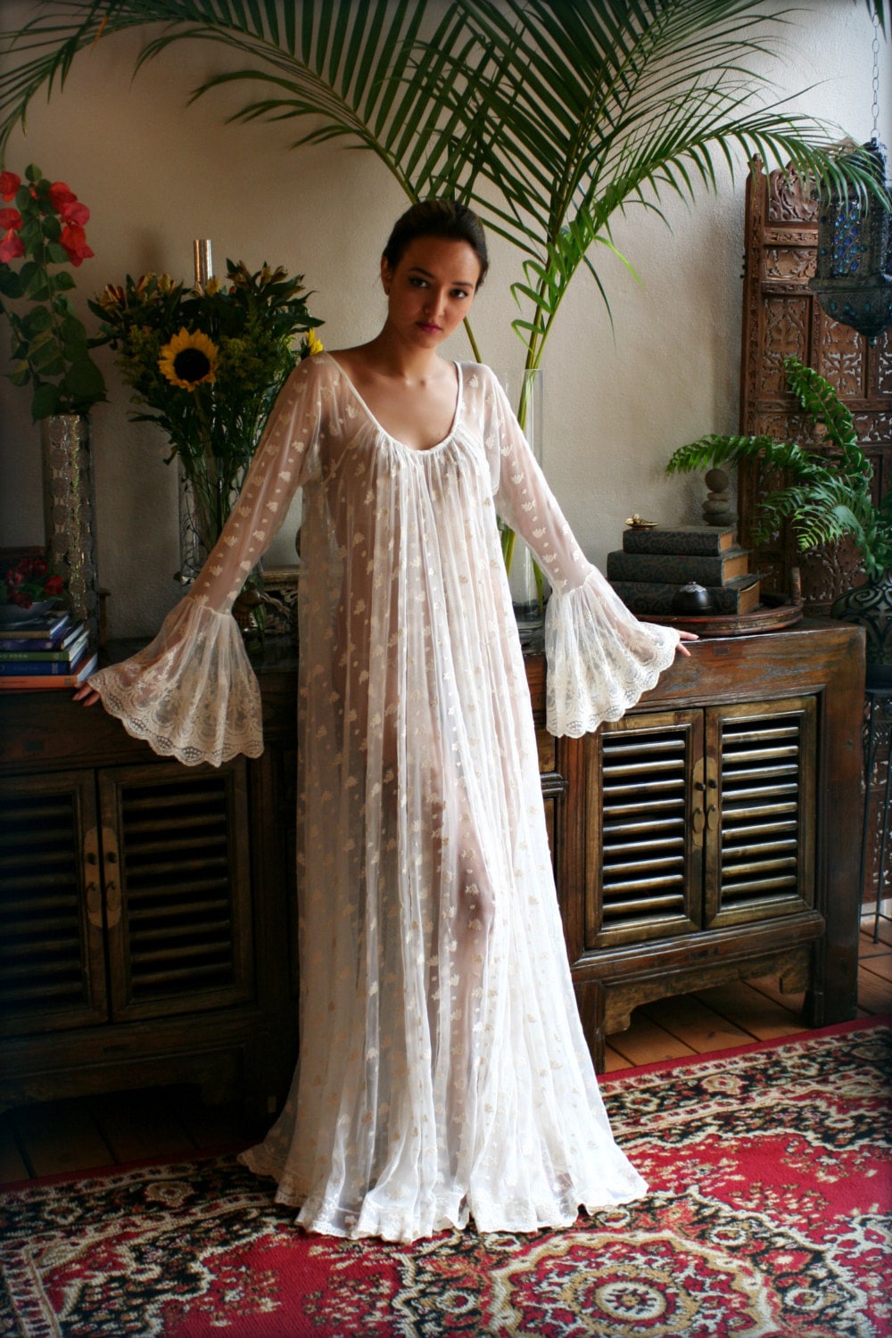 Ivory Lace Bridal Nightgown Full Swing Poets Ruffled Lingerie French Lace Wedding Lingerie Bridal Sleepwear Wedding Lingerie Ivory Lace Gown
