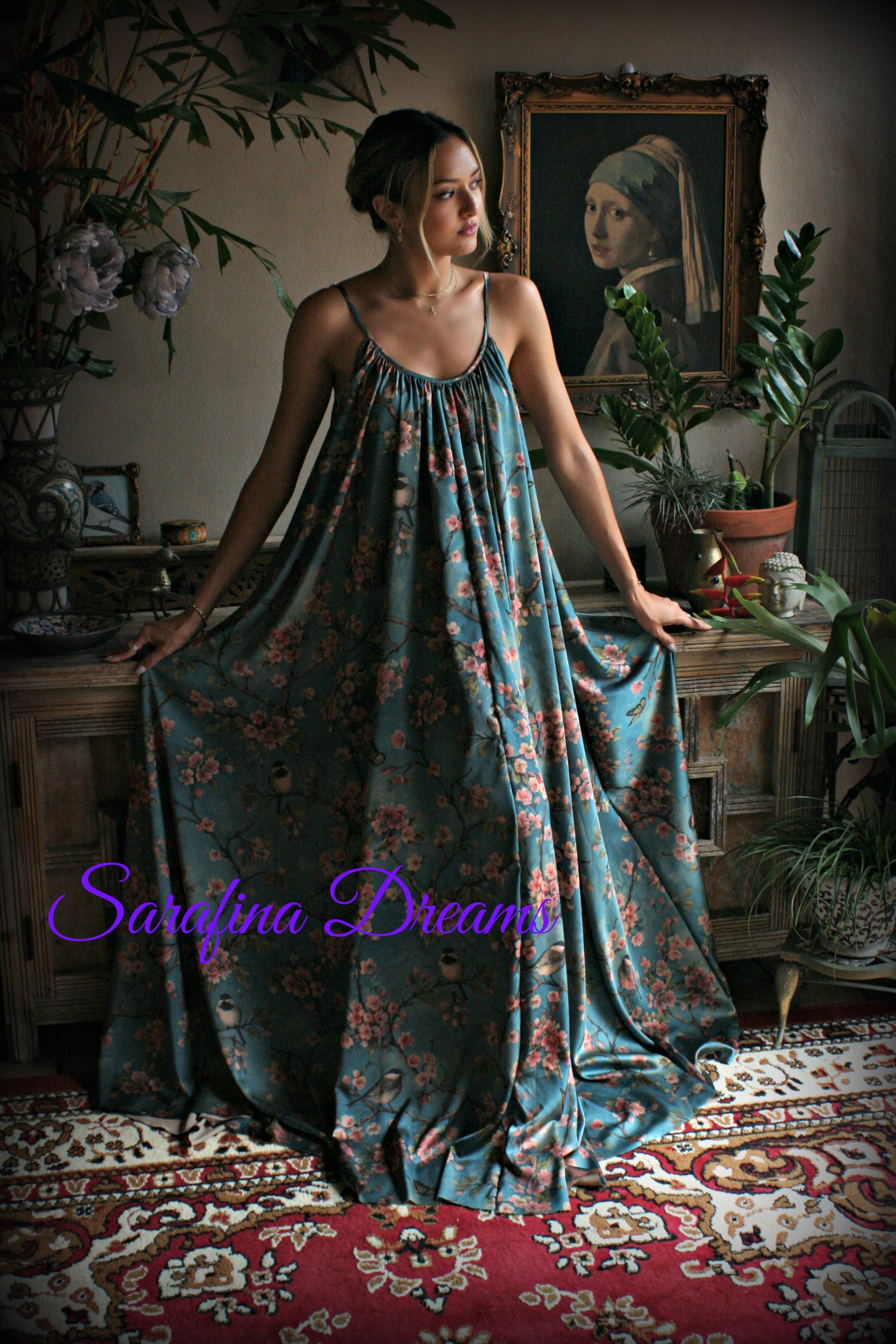 Satin Bridal Nightgown Bird Print Bohemian Chic Satin Lingerie Satin Bridal Honeymoon Sleepwear Blue Satin Nightgown Bridal Lingerie