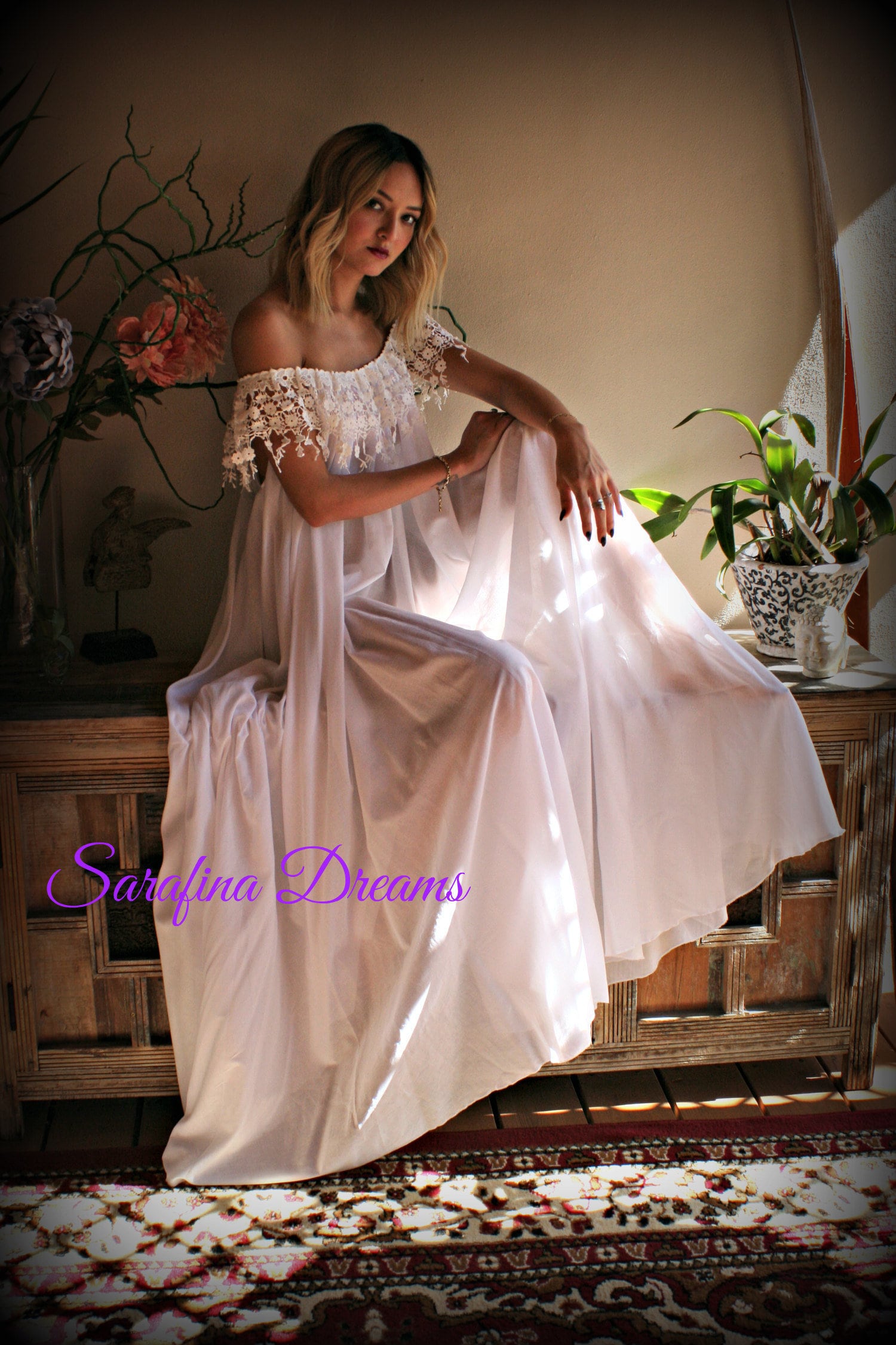 Cotton Nightgown  White Cotton Sleepwear Honeymoon Cotton Lingerie Bridal Lingerie Venice  Lace Nightgown Wedding Nightgown