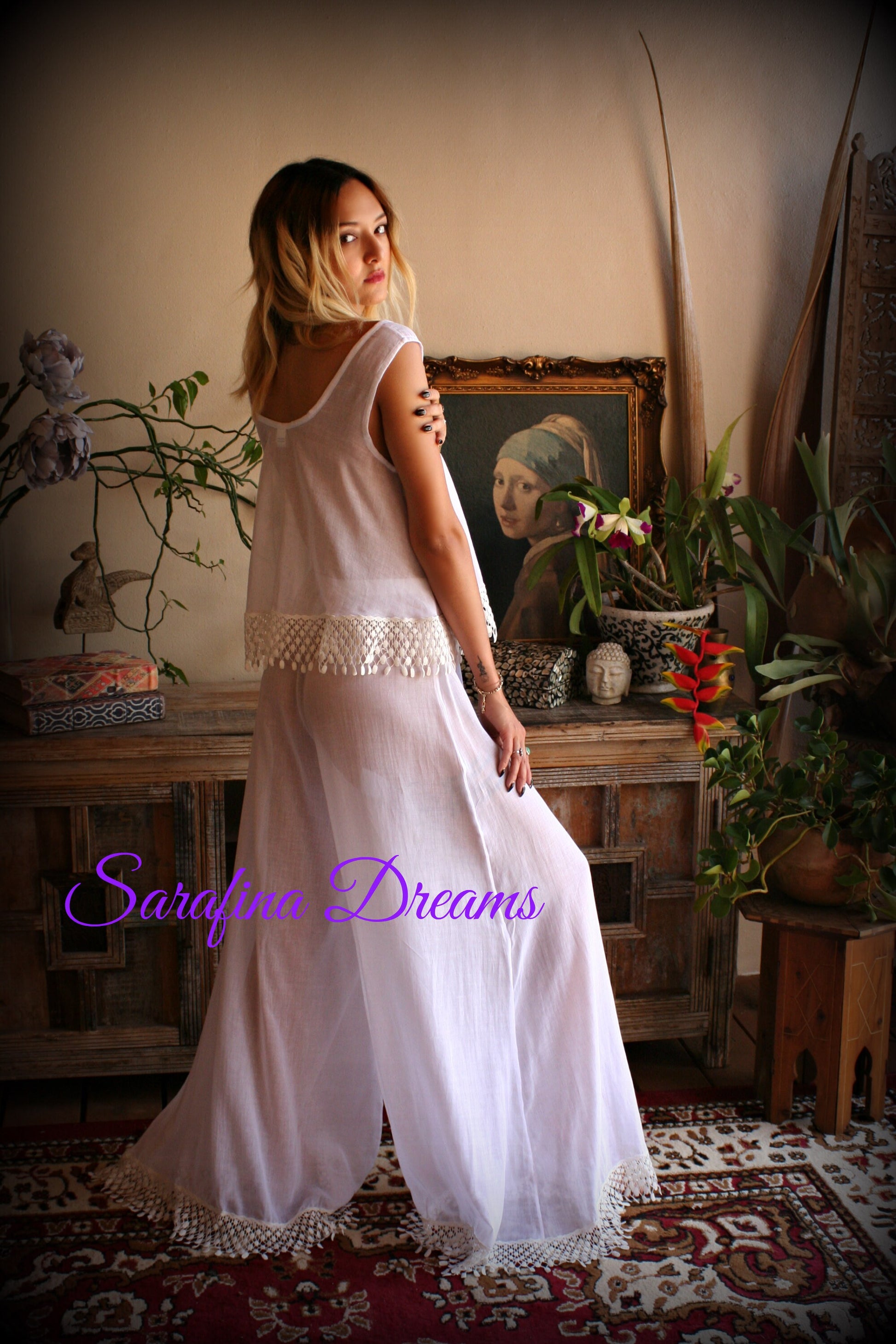 Cotton Pajama Palazzo Pant Venice Lace Swing Top Bridal Honeymoon Wedding Lingerie Bridal Lingerie Cotton Lingerie White Cotton