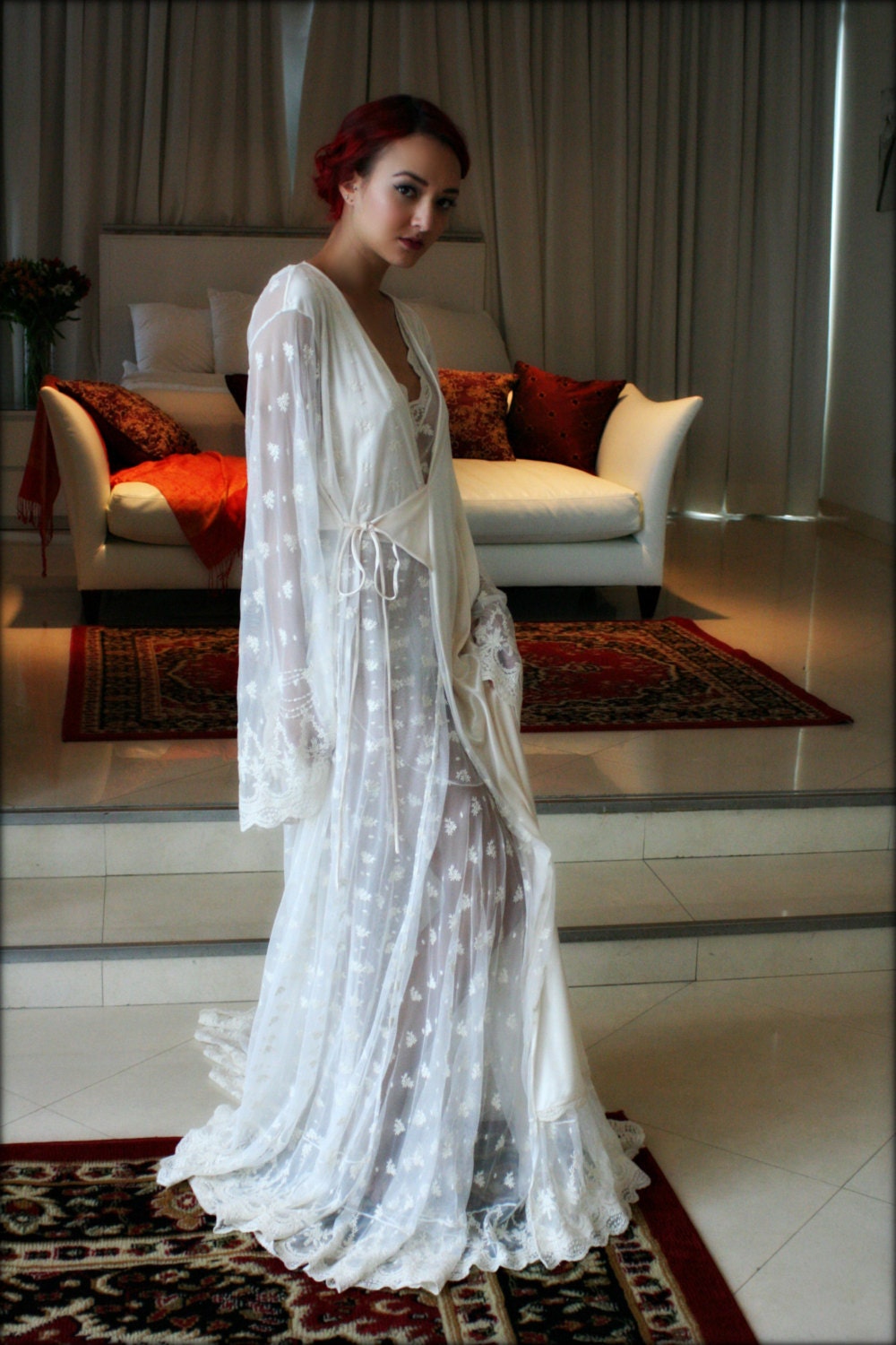 Embroidered Lace Bridal Robe French Lace Wedding Robe Bridal Lingerie Wedding Sleepwear Art Deco Lace Robe Wedding Trousseau Honeymoon Robe