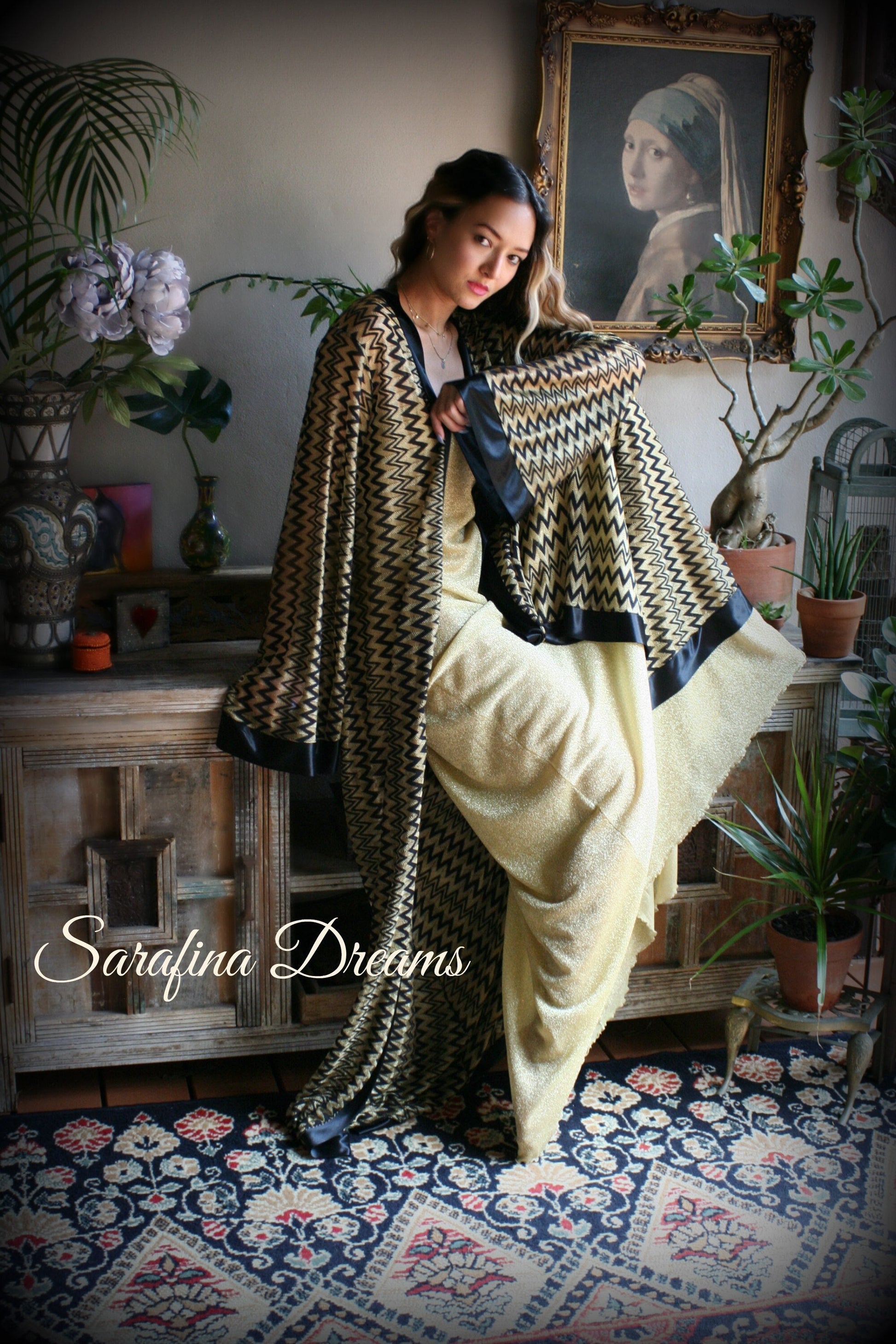 Black Gold Metallic Kimono Robe Black Satin Banded Missoni Style Knit Wrap Lingerie Robe Sleepwear